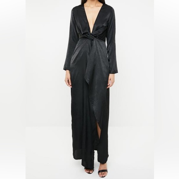 Missguided Black Faux Wrap Deep V-Neck Maxi Dress 2 Goth Witchy Vamp - Picture 1 of 15